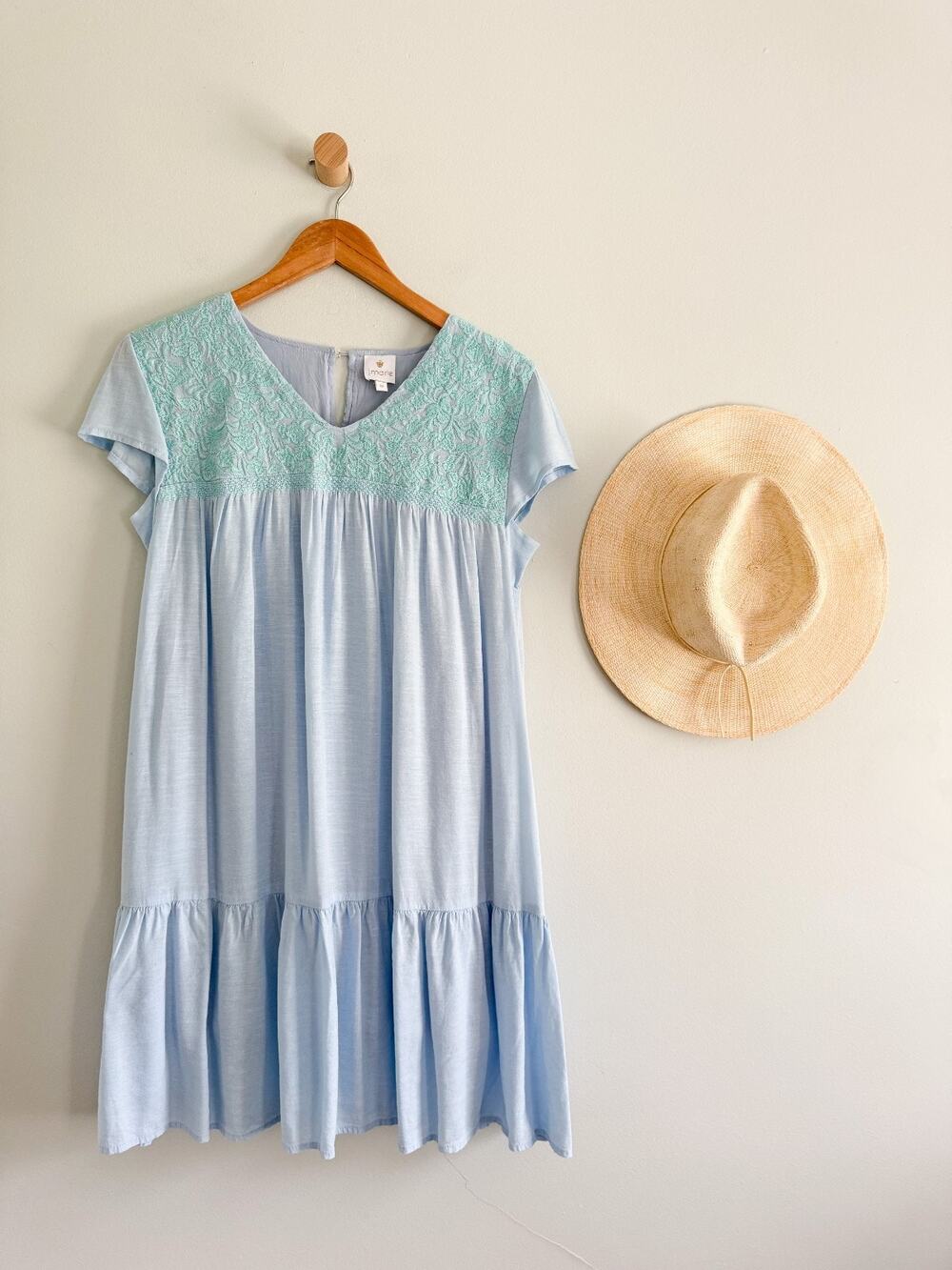 J. Marie | The Penelope Dre Embroidered Yoke Tiered Mini Light Blue | Sz M